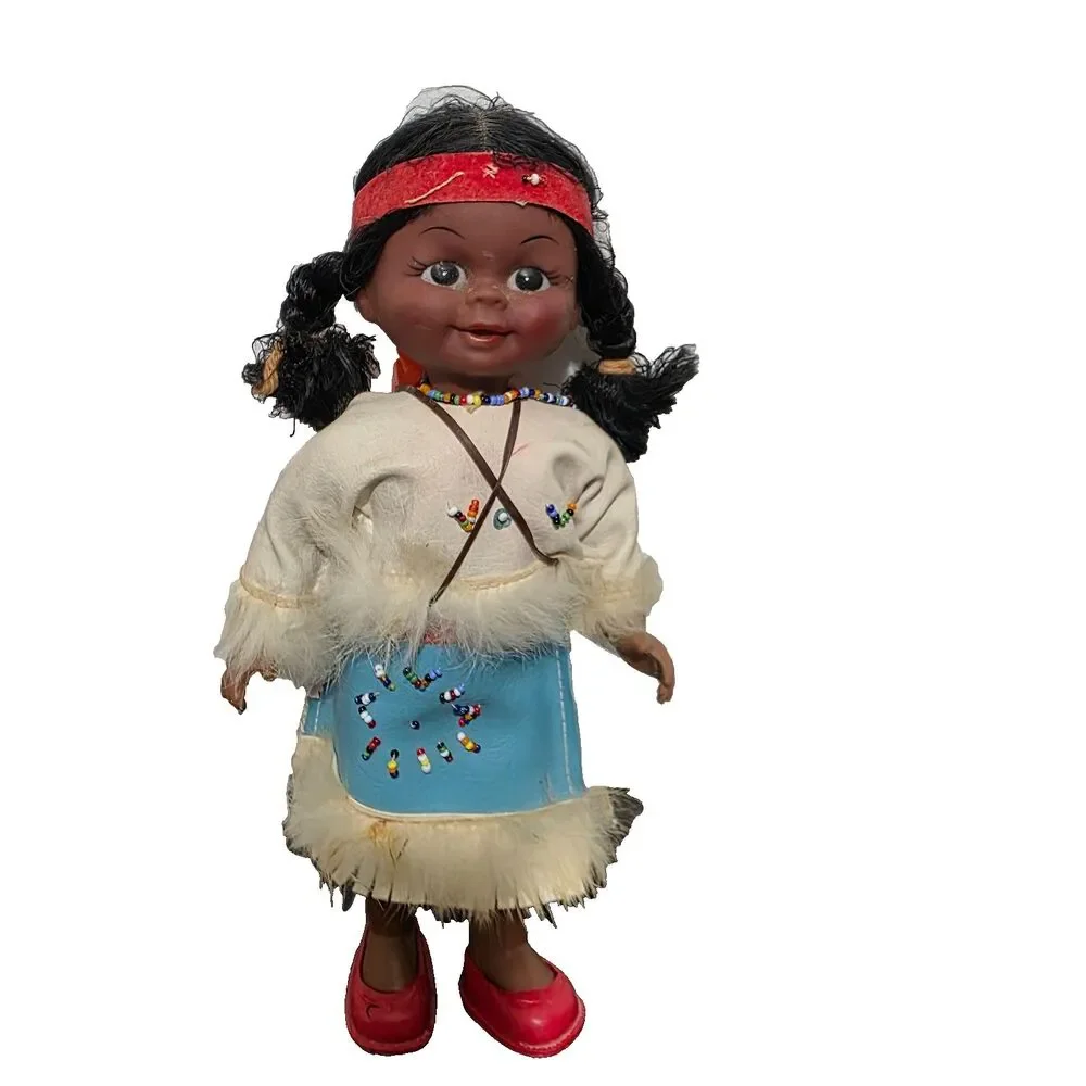 Vtg Native American Doll Holing Baby  Vynyl Hard Plastic Leather Fur Accent suit